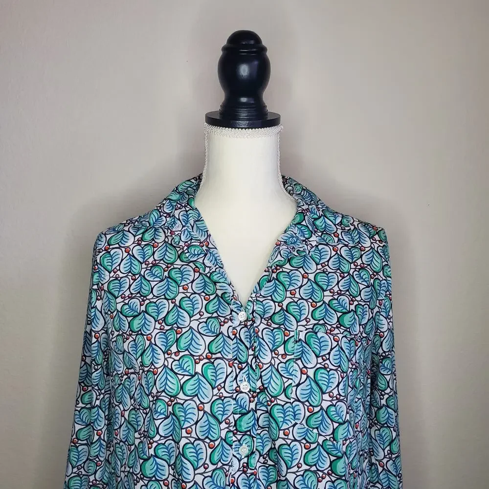 J.Crew Green & Blue Foliage Print Cotton Blouse Size 8